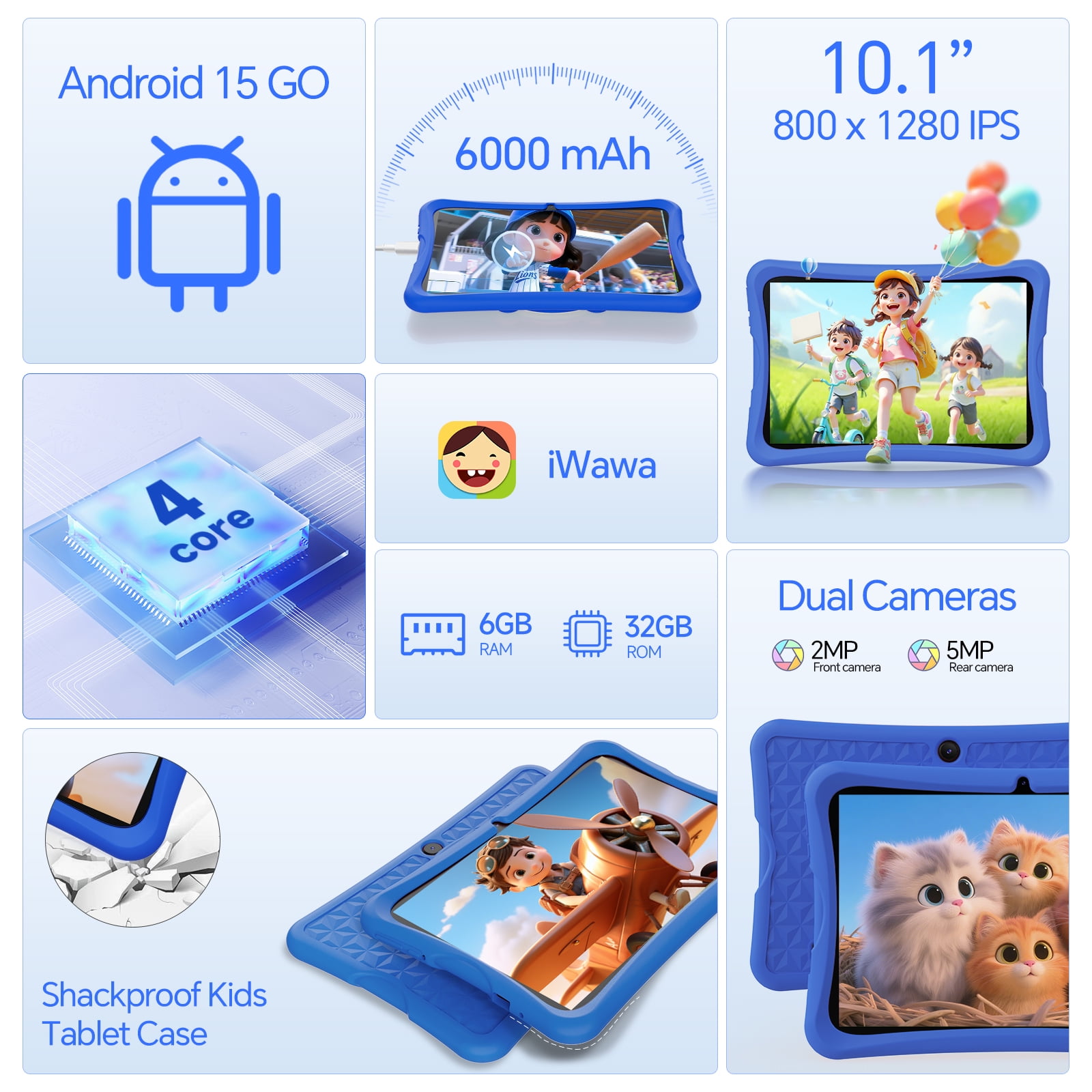10.1" Android 15 Kids Tablet, 6GB+32GB & Dual Camera Tablet for Kid, 6000mAh，Parent Control, Child Education Tablet with WiFi(Blue)