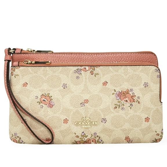 Coach Double Zip Wristlet With Signature Canvas With Floral Print