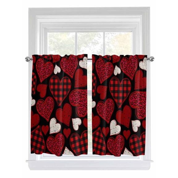 Valentine's Day Bathroom Window Curtain, Red Black Love Hearts Plaid Romantic Light Filtering Coffee Kitchen Curtains, Bedroom Living Room Curtains 2 Panel 84"x45"