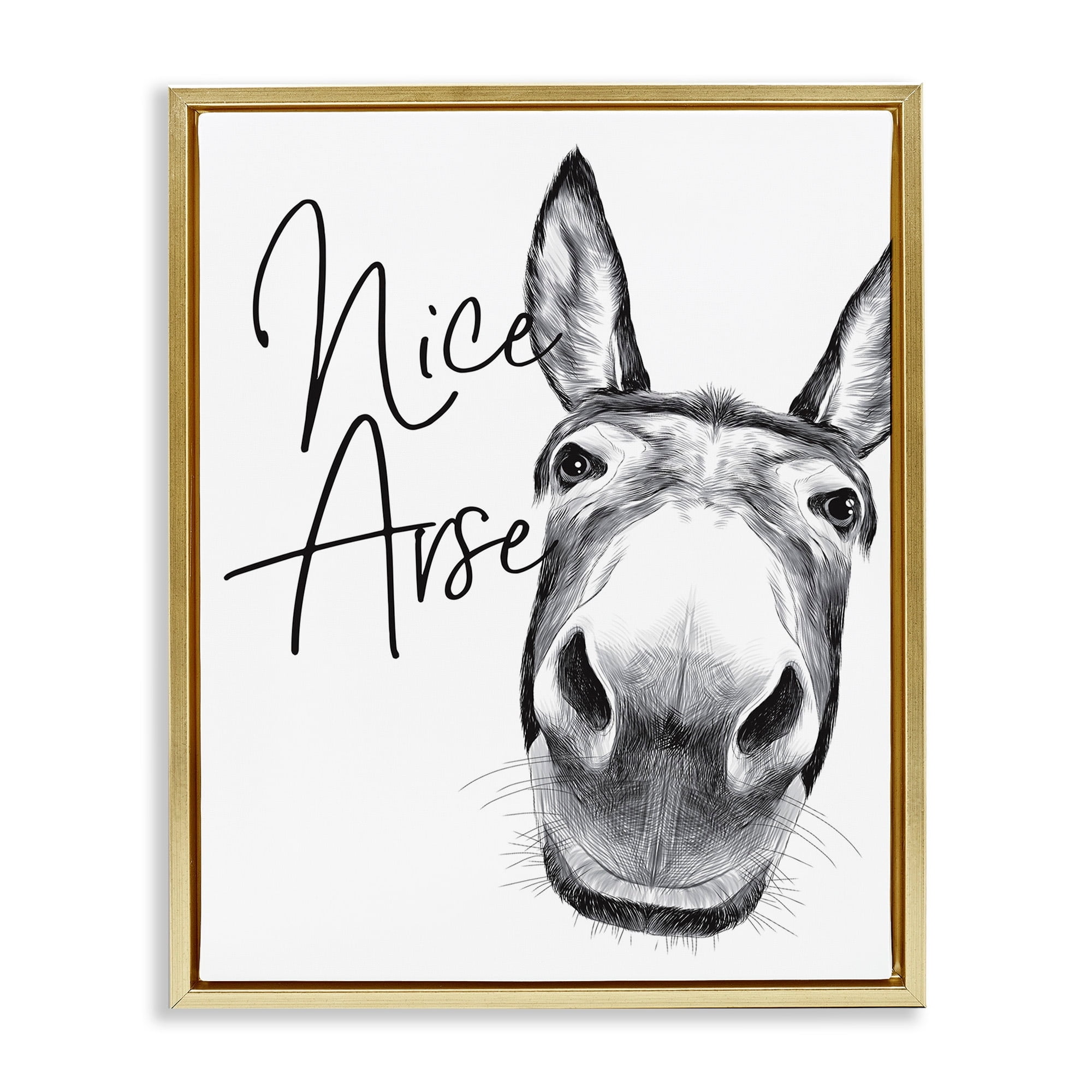 Stupell Industries Animal Humor Nice Arse Donkey Bathroom Phrase Metallic Gold Framed Floating Canvas Wall Art, 24x30, by Lettered and Lined