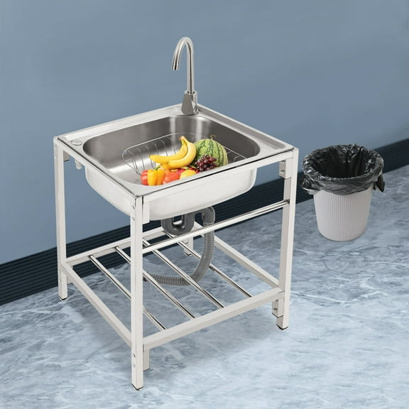 Stainless Steel Single Basin Kitchen Sink with Stand, Home Simple Laundry Sink With Faucet, Ready Practical Freestanding Vanity Multipurpose Sink, Commercial Sink for Laundry / Backyard / Garage