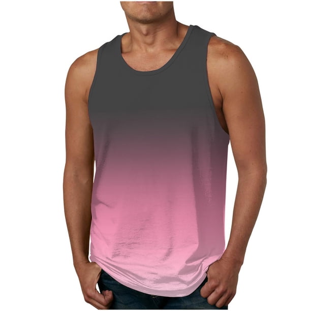 Mens Camisetas Algodón Gradiente Color Impreso sin Mangas Cuello Redondo Tanque, Chaleco Casual para Al Aire Libre Y Verano