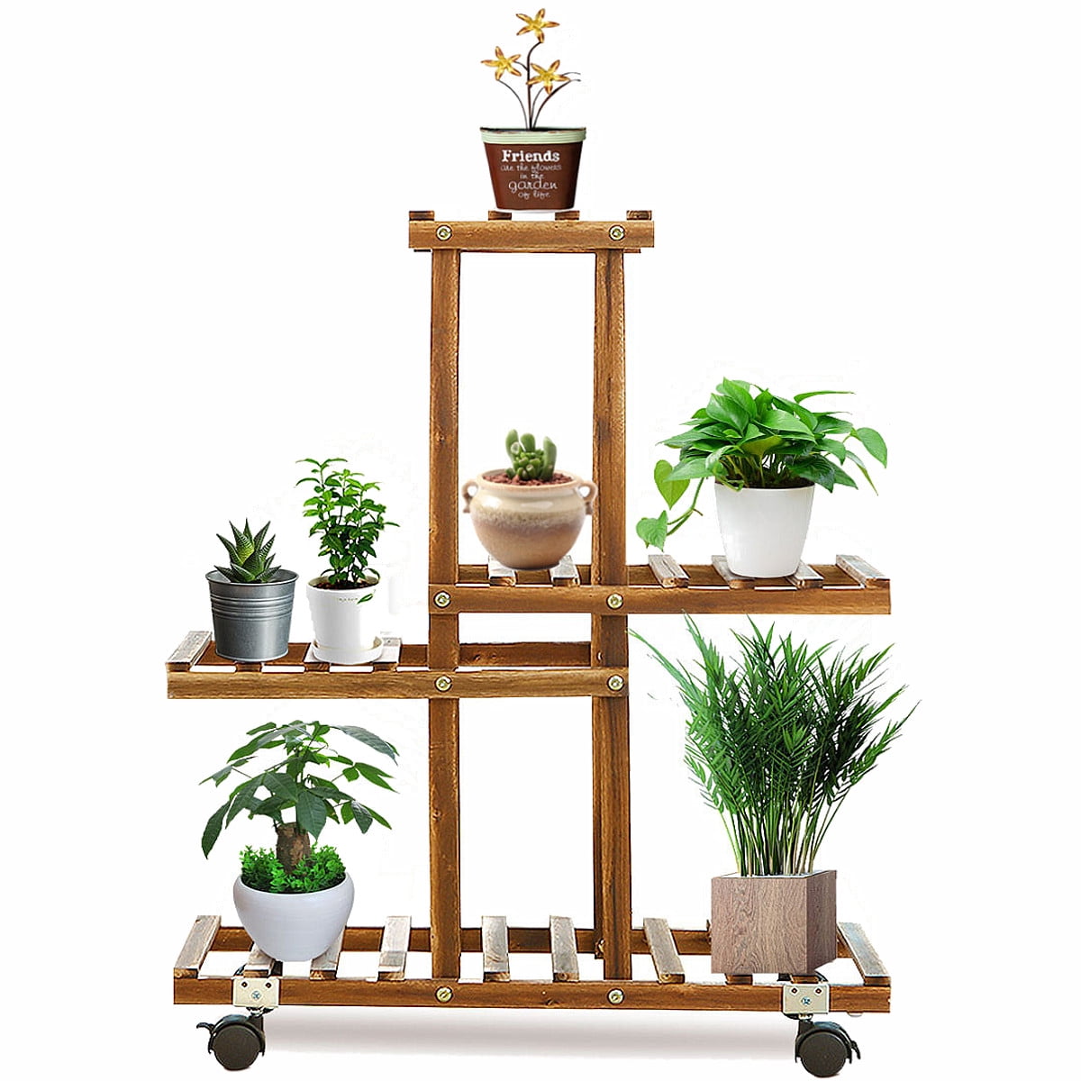 Wood Plant Stand Indoor Outdoor with Wheels, Plant Display Multi Tier