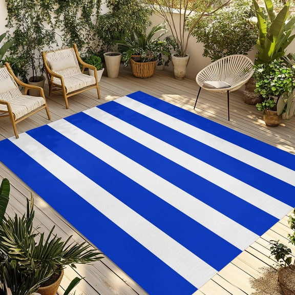 Coastal Navy Blue Stripes Outdoor Area Rug 6x9ft Decorative Indoor Outdoor Rug Nautical Parallel Lines Patio Area Rug for Porch, Deck, Balcony, Entryway, Camping & RV