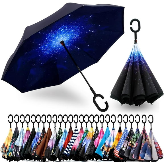 49 Inch Inverted Reverse Upside Down Umbrella, Extra Large Double Canopy Vented Windproof Waterproof Stick Umbrellas with C-shape Handle.