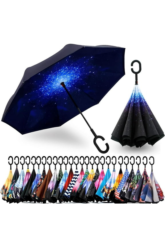 49 Inch Inverted Reverse Upside Down Umbrella, Extra Large Double Canopy Vented Windproof Waterproof Stick Umbrellas with C-shape Handle.