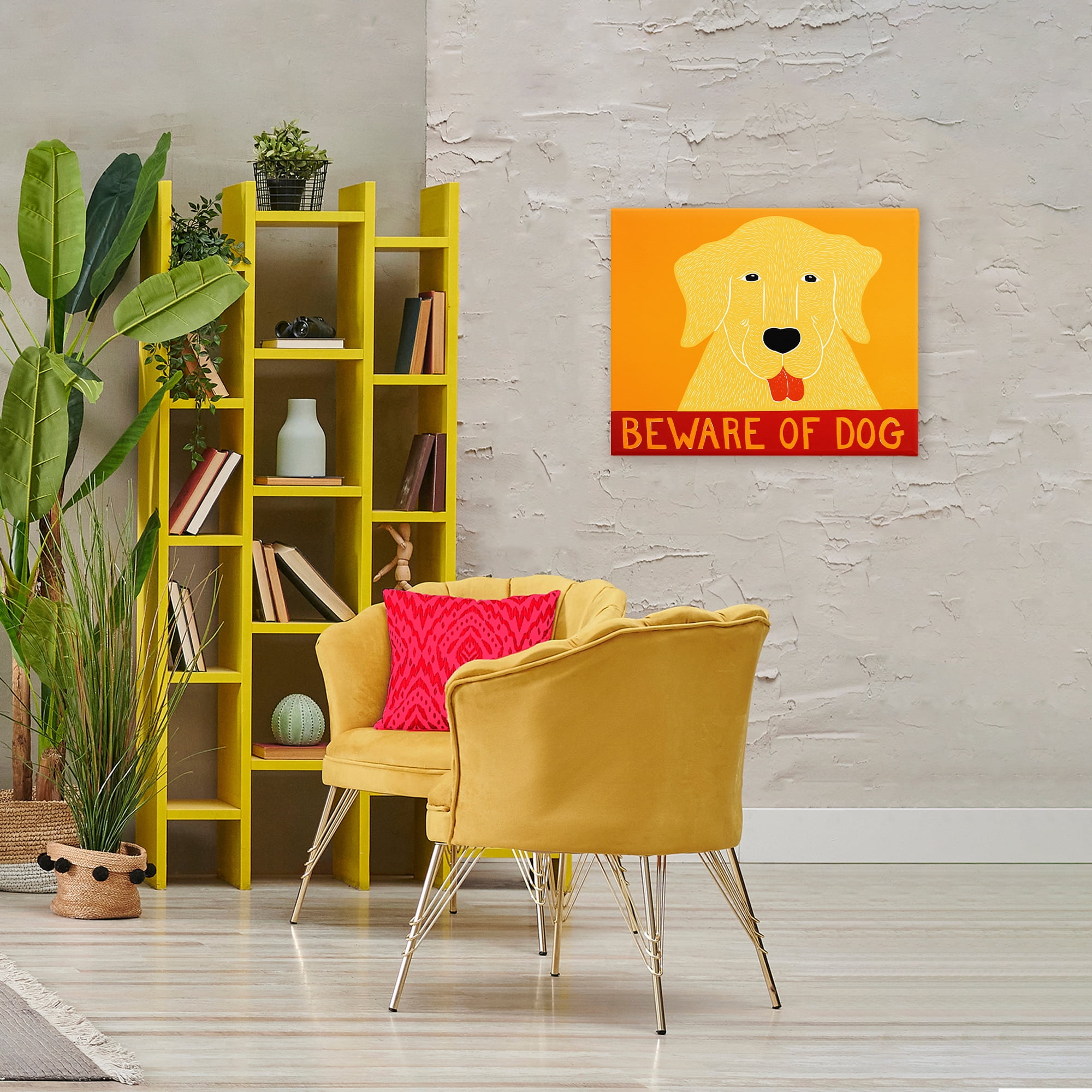 Beware Of Dog Yellow & Red Canvas Wall Art, design by Stephen Huneck