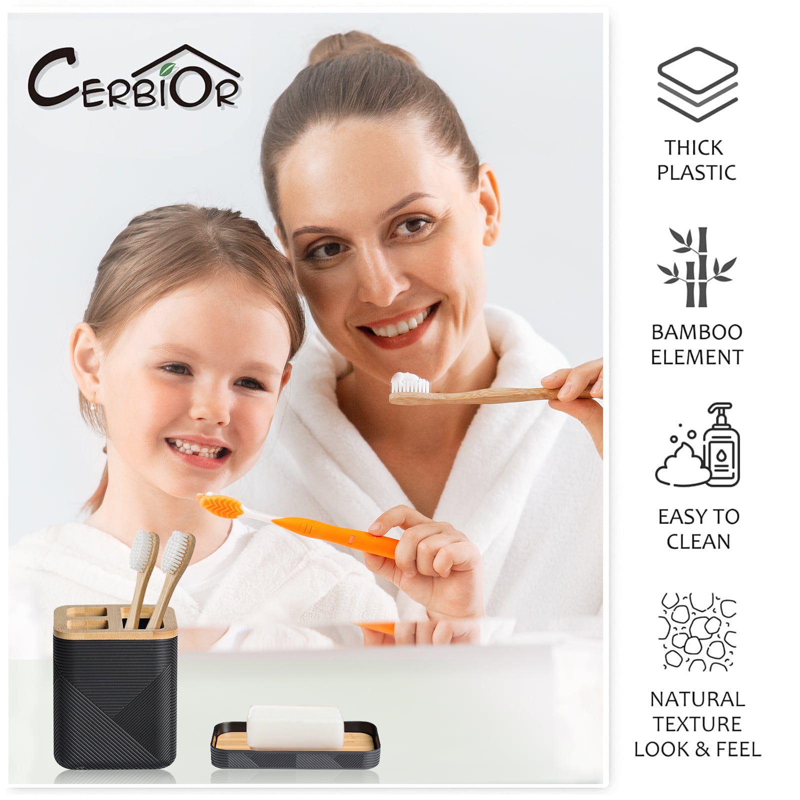 CERBIOR Bathroom Accessories Set 6 Piece Bamboo Bath Ensemble Includes Soap Dispenser, Toothbrush Holder, Toothbrush Cup, Soap Dish for Decorative Countertop and Housewarming Gift, Black