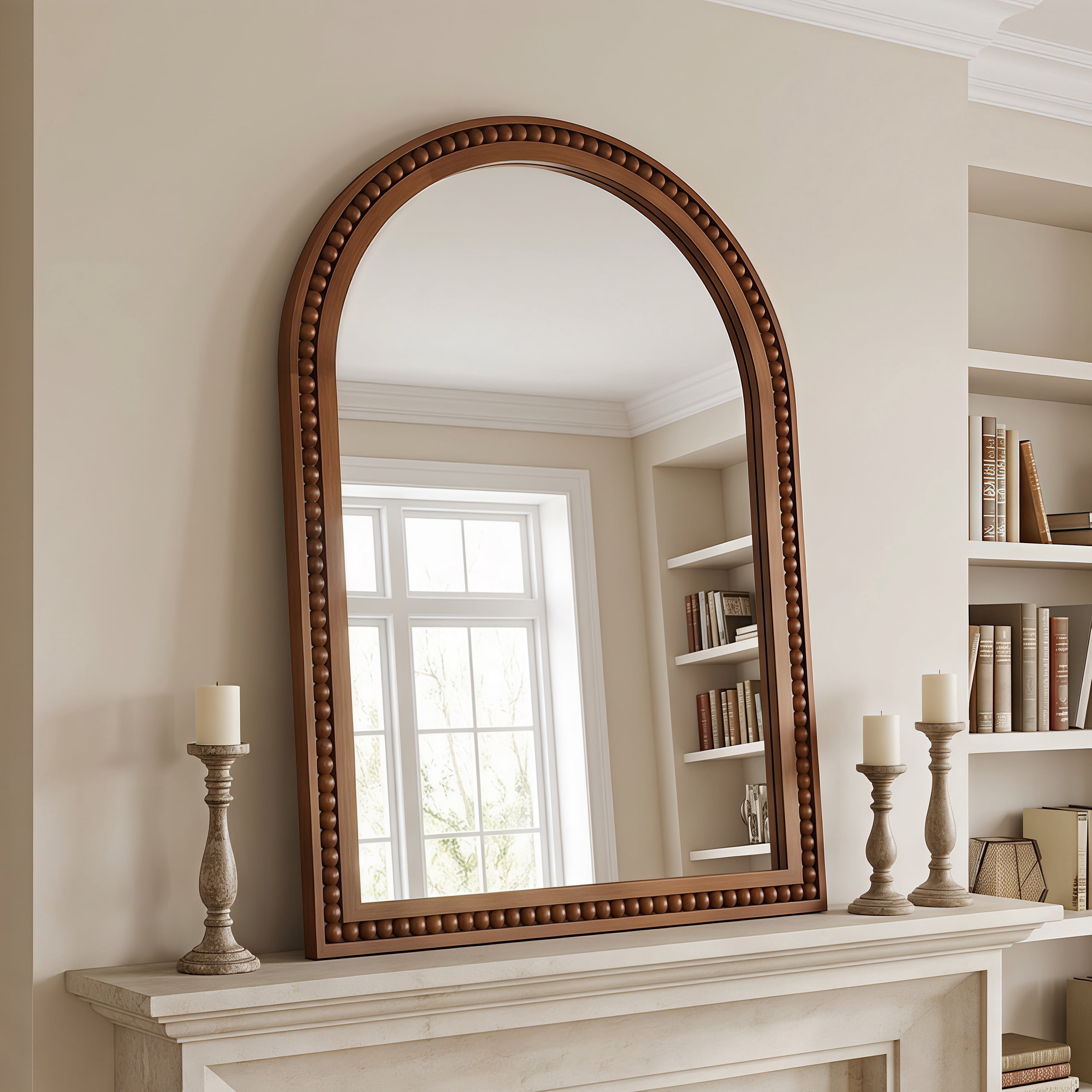 24x36 Inch Arch Wall Mirror With Beaded Solid Wood Frame, Rustic Farmhouse Decor Mirror for Entryway, Bathroom & Living Room, Dark Walnut Color