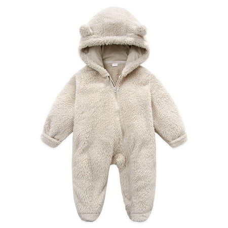 

TUOBARR Newborn Baby Fleece Footie Snowsuit Winter Bunting Onesie Cartoon Warm Hooded Romper Jumpsuit Outfits For Girls Boys Beige (0-12Months)