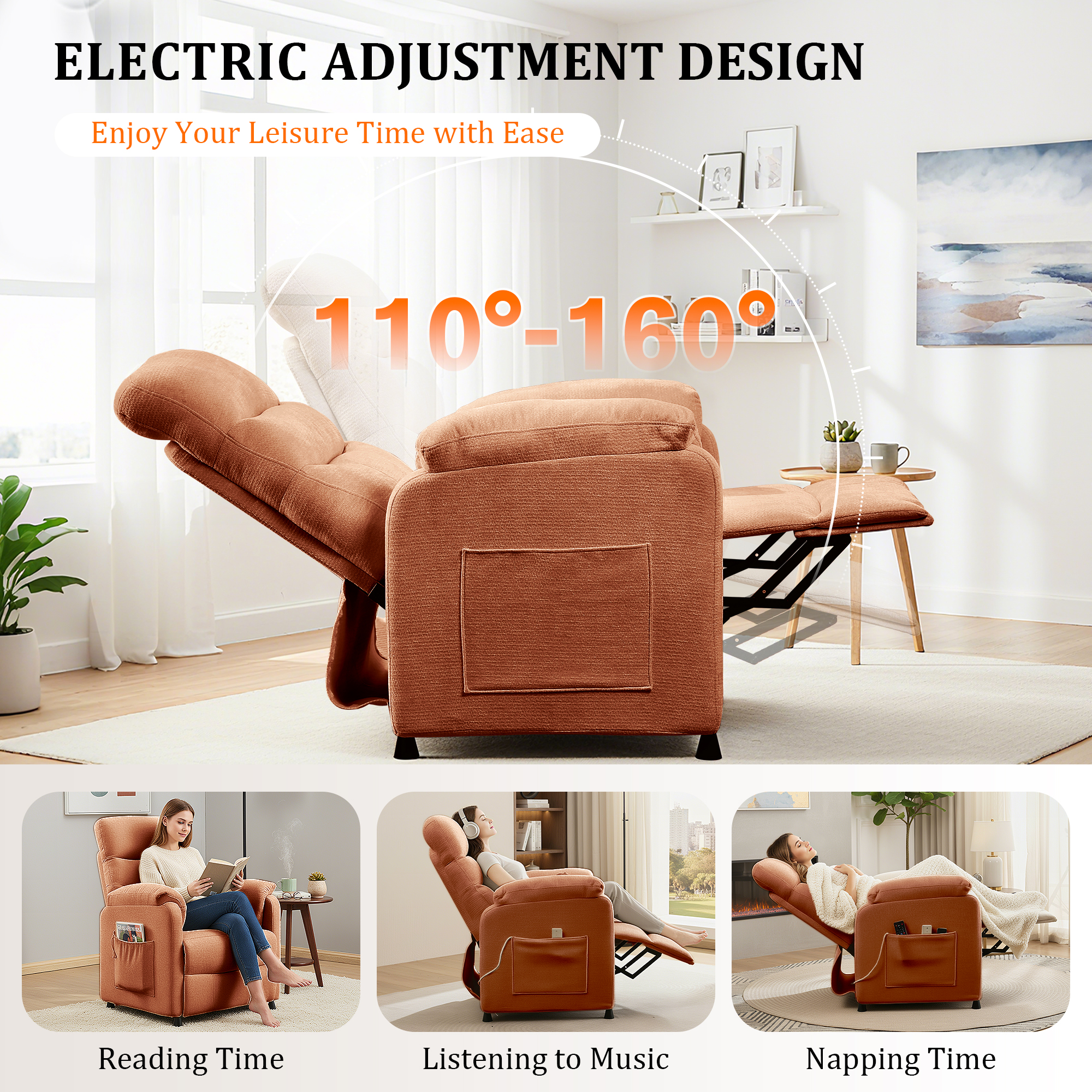 Miniyam Motorized Recliner in Orange, Features 7-Zone Support, Wired Memory Remote & Quiet Brushless Motor