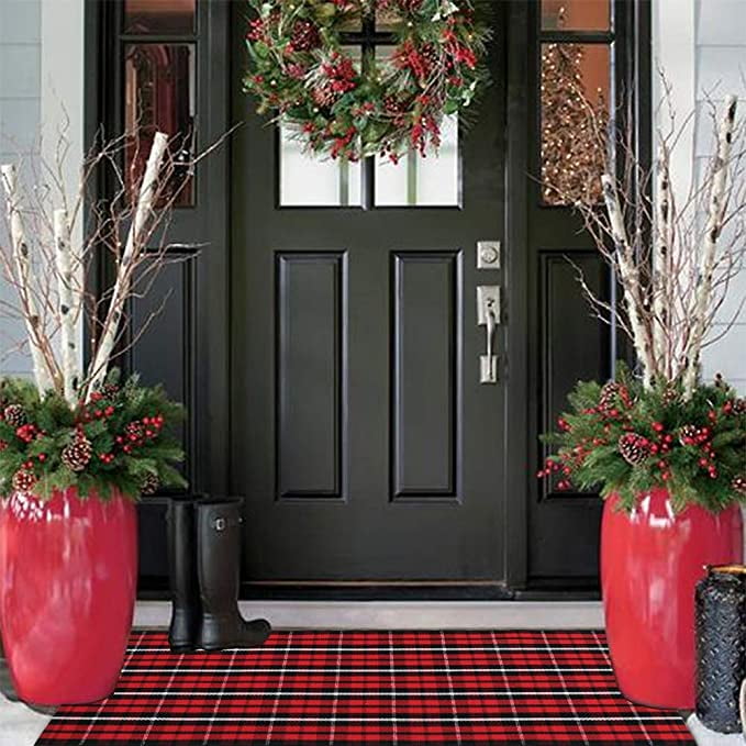 23.6x51 Christmas-Deacortive Indoor/Outdoor Rugs for Layered-Washable Carpet for Front Porch/Kitchen Cotton-Checkered-Doormats Buffalo-Plaid-Rug Black/White Plaid