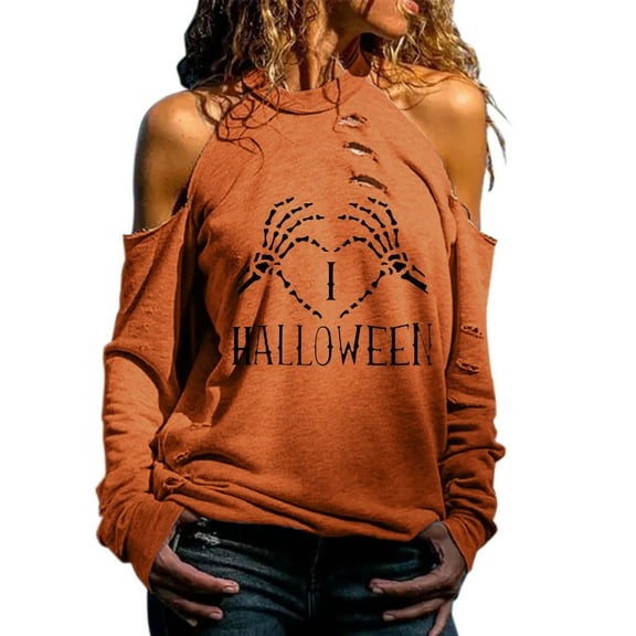 Fiaer,Cold Shoulder Halloween Tops for Women Trendy Holes Halter Tshirts Casual Loose Long Sleeve Plus Size T-Shrits Orange3 XL