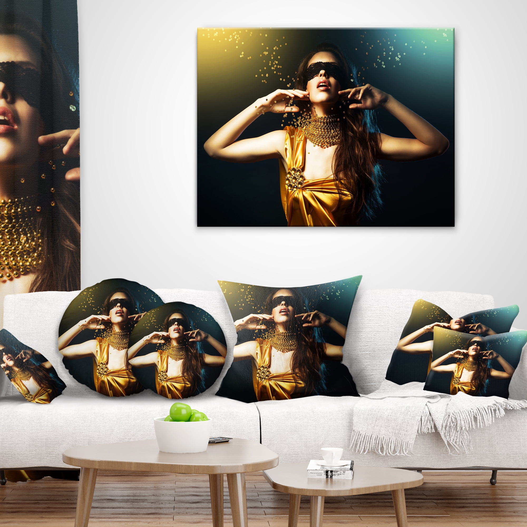 Designart Woman in Yellow with Mask - Portrait Throw Pillow - 16x16