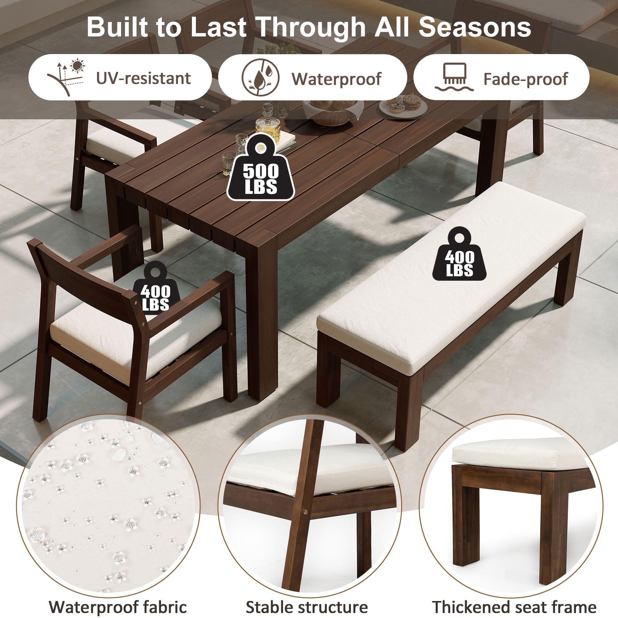 MAYEERTY Patio Dining Table Set for 6, Outdoor Furniture Sets with Umbrella Hole, 71" Rectangular Table, Chairs and Bench for Backyard, Garden
