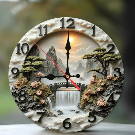 Waterfall Bridge Mountain Landscape Wall Clock 10-Inch Silent Wooden Wall Clock, Battery Operated (AA Batteries Not Included), Artistic Home Decor