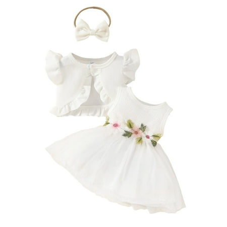 FINALGANG Baby Girls Crew Neck Sleeveless Floral Embroidered Ribbed Tulle Dress With Ruffle Trimmed Bolero Matching Bow Headband Set For Parties Daily Wear Trendy Outfit