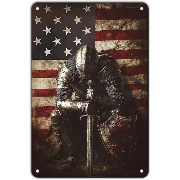 Metal American Flag Wall Decor Vintage Tin Sign Knight Design Iron Poster for Home Bar Man Cave 12 x 8 Inch