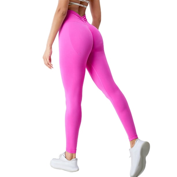 Gibobby Pantalon yoga mujer Moda mujer ahueca hacia fuera sin costuras cintura alta melocotón elevación de cadera Fitness lavado con agua pantalones(Rosa caliente,CH)