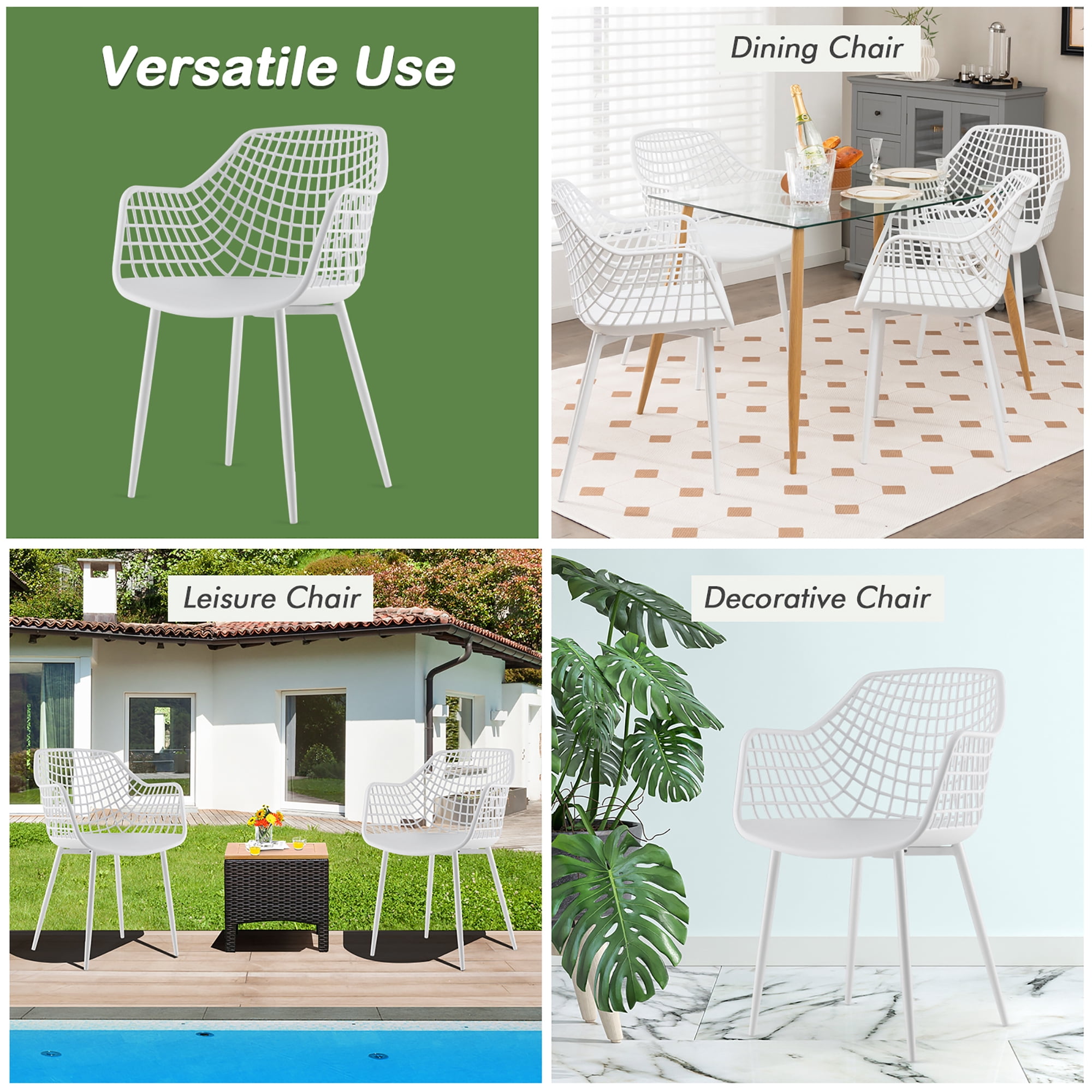 Costway Modern Dining Chair Set of 4 Plastic Shell Hollow withMetal Legs for Living Room White