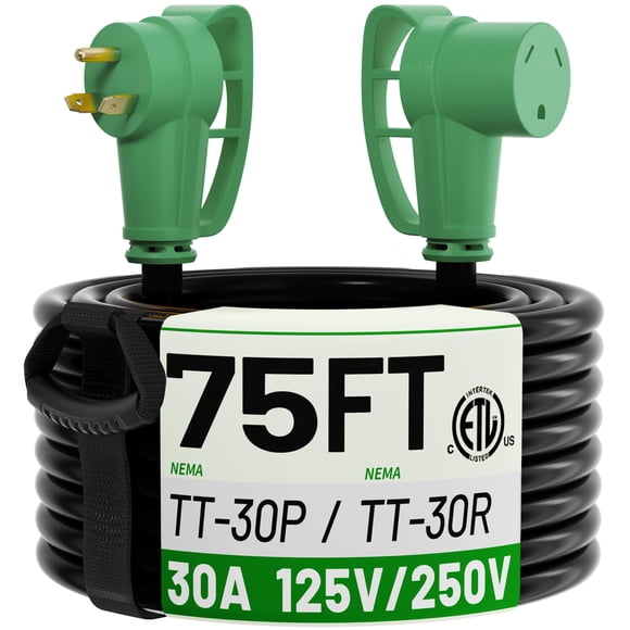 Cable de extensión para RV POWGRN NEMA TT-30P a NEMA TT-30R, 75 pies, 30 A