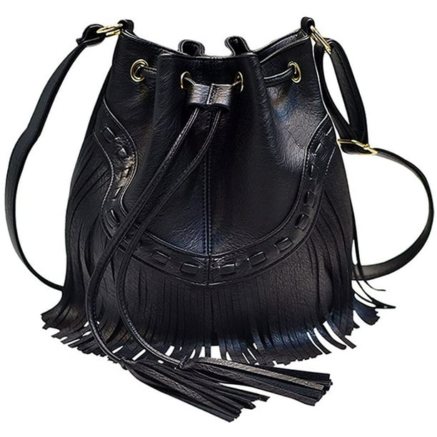 Asge Women Fringed Faux Leather Crossbody Bag Drawstring Shoulder Bag