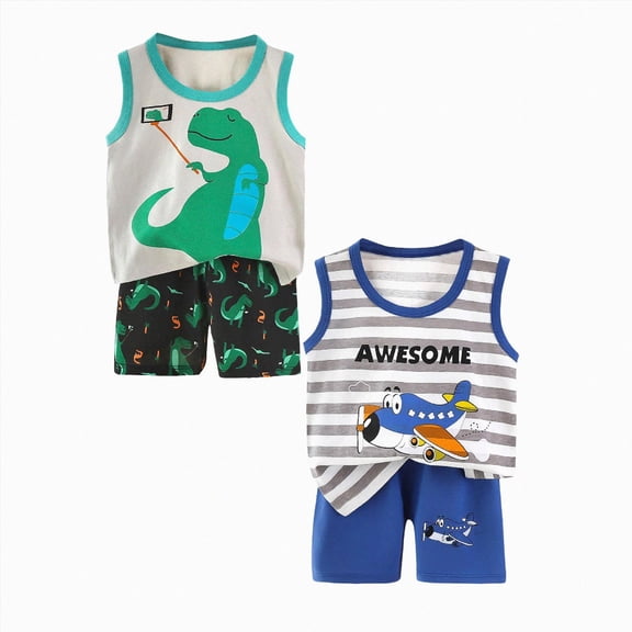 Leey-World Toddler Boys 4 PCS Tank Top and Shorts Set Cotton Sleeveless Shirts and Shorts Summer Outfits(Blue&AG,3-4 Years)