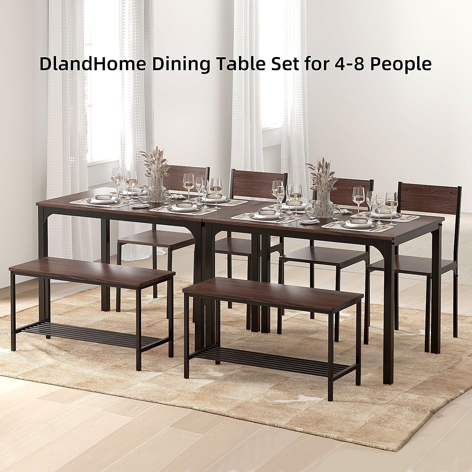 SogesPower Dining Table Set for 4, Kitchen Table with 2 Chairs and 1 Bench, Use for Living Room Dining Room Kitchen, Brown