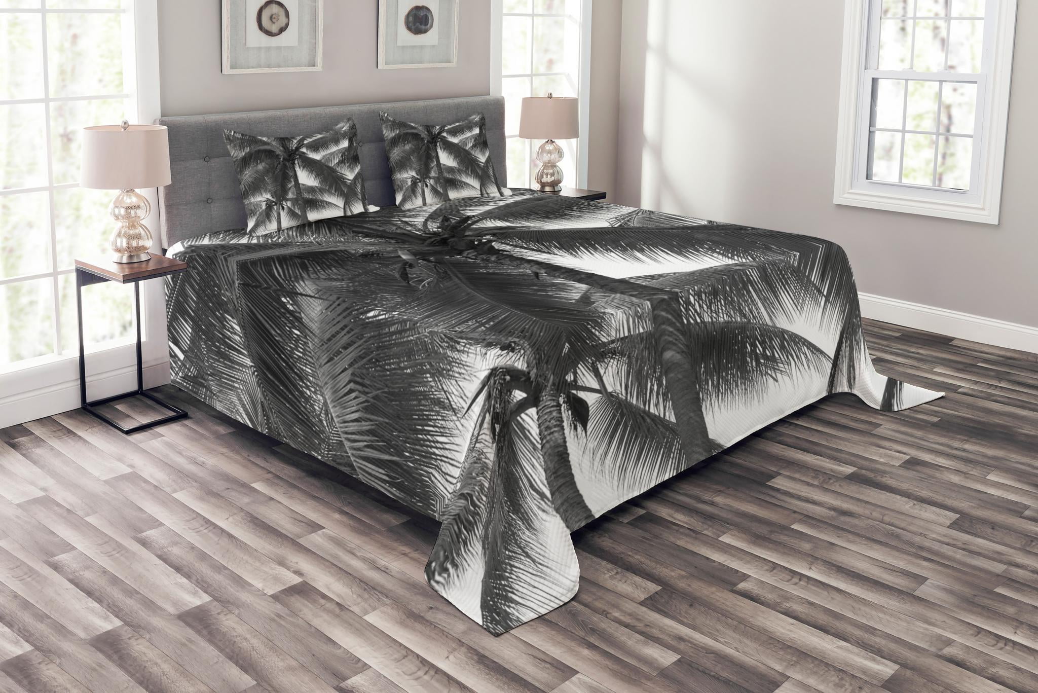 Palm Tree Bedspread Set Queen Size, Palm Tree Silhouette Exotic Plant on Dark Theme Foliages