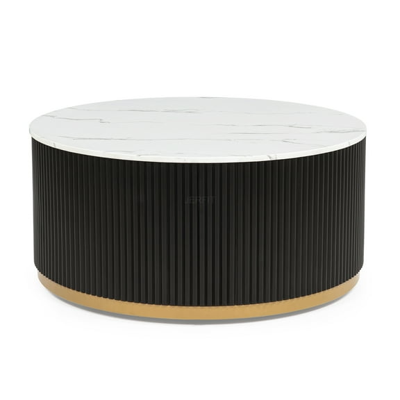 JERFIT 38 Inch Round Coffee Table with Marble Top and Gold Base, Modern Cocktail Table on Casters for Living Room, Black White and Gold Accent Furniture