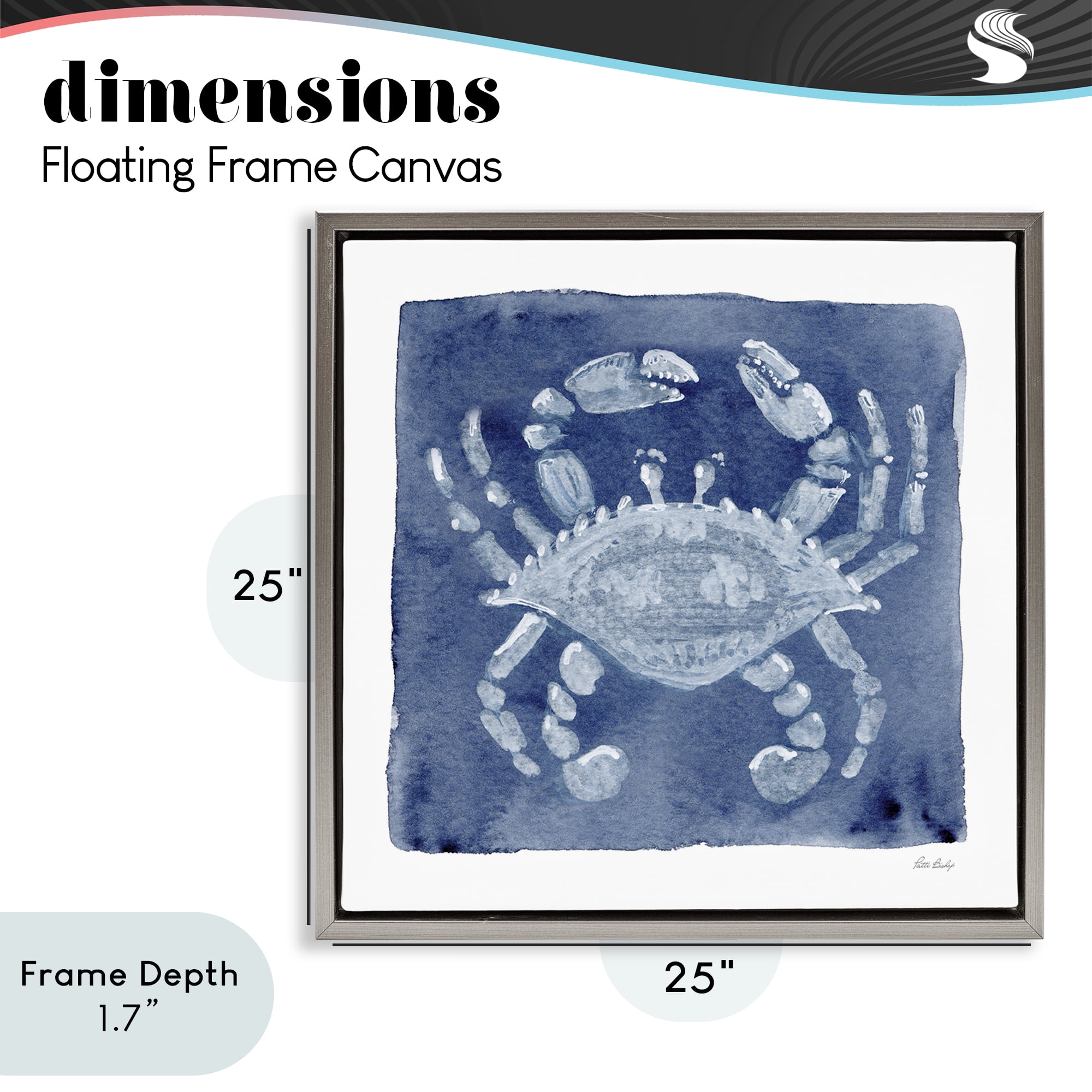 Stupell Industries White Crab on Indigo Gray Framed Floater Canvas Wall Art, design by Patti Bishop