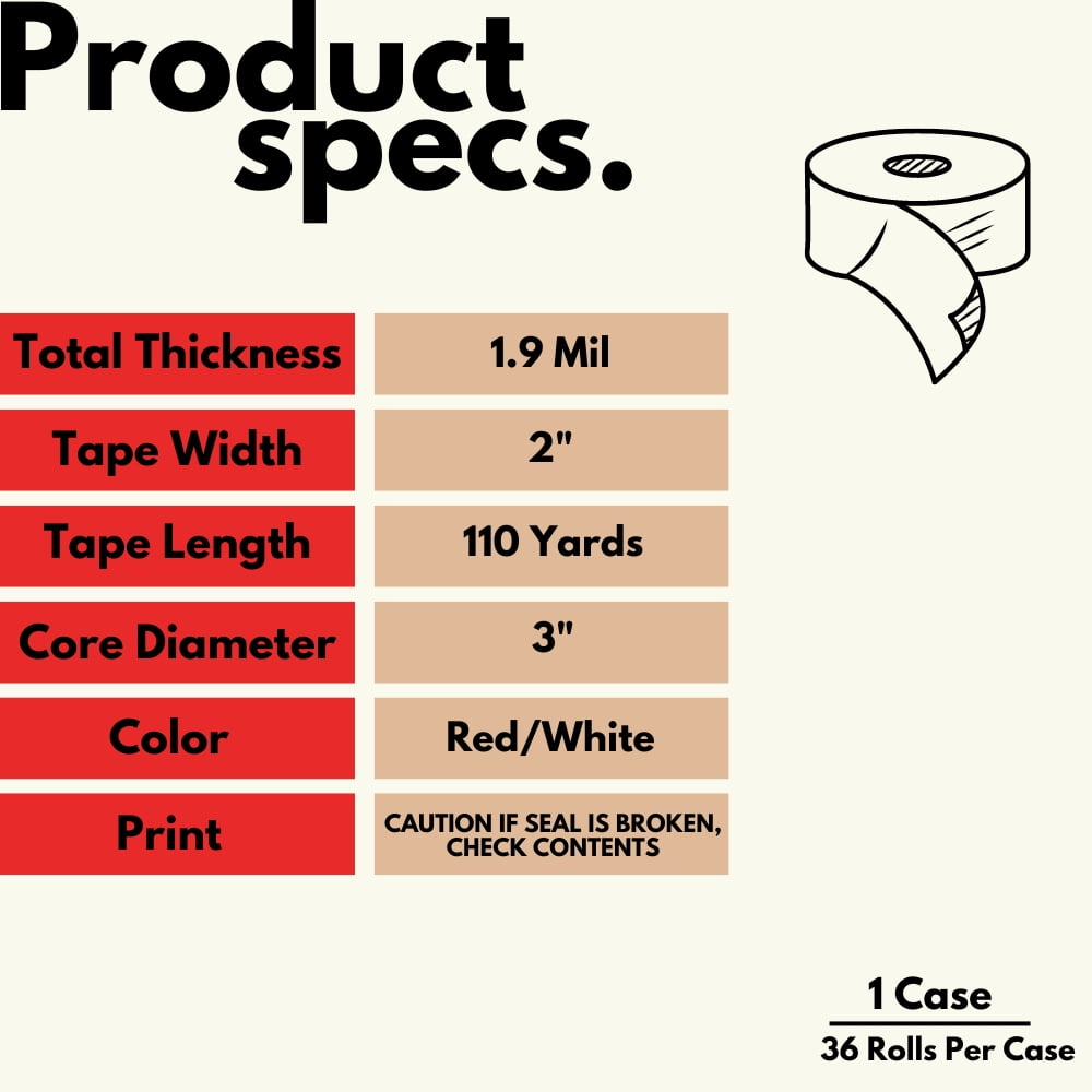 MMBM White/Red Security Tape Caution Printed, 2" x 110 Yards, 1.9 Mil, Tamper-Evident Seal, 36 Rolls