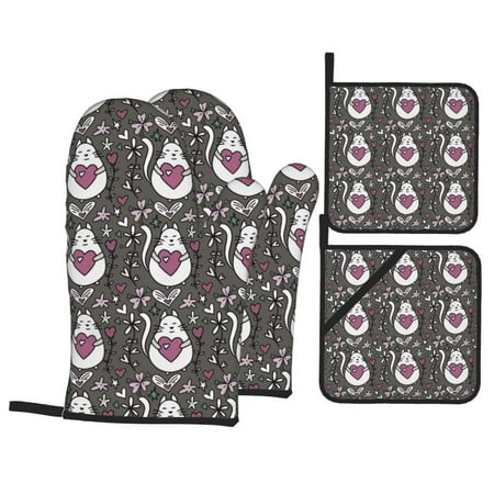 

Oven Mitts and Pot Holders 4 pcs Set Abstract Cartoon Cat Heart Flower Heat Resistant Pot Holders Oven Mitts for kitchen Non-Slip Hanging Loop Oven Glove Potholders for Baking Cooking
