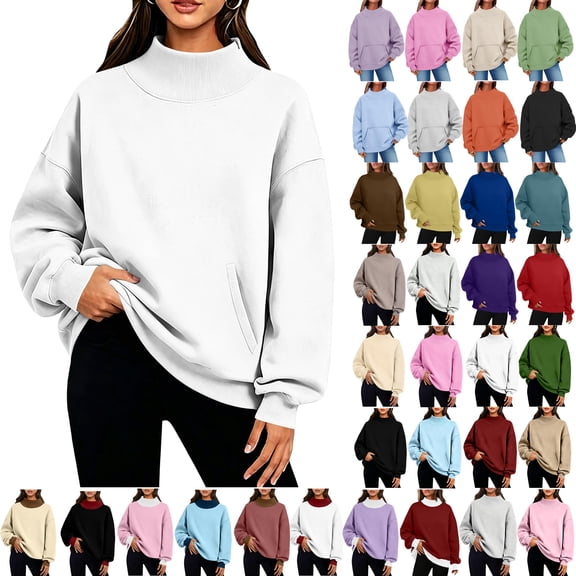 Mock Neck Sweatshirt for Women Solid Color Long Sleeve Turtleneck Pullover Casual Fashion Loose Soft Fleece Pocket Clothes Sweatshirt with Pockets
