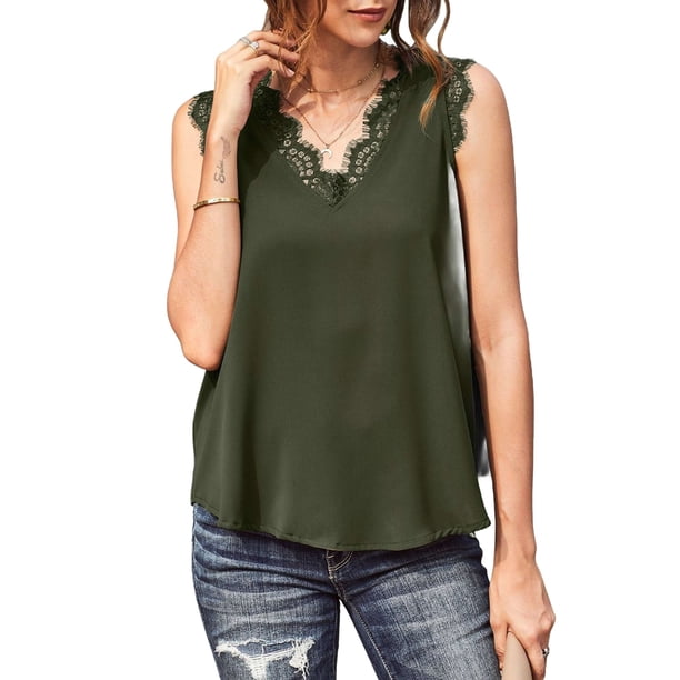 Top de Tirantes Holgado Sin Mangas con Cuello en V y Encaje de Pestañas de Verano, Verde, Talla L