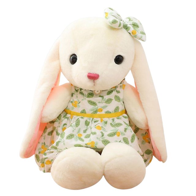 conejo de peluche de orejas largas, lavable, suave, para san valentín 50cm Peluche conejo beige de 50 cm, vista frontal centrada; orejas largas caídas, ojos negros y nariz rosa. Lleva vestido blanco con estampado de hojas y flores amarillas y lazo a juego, costura visible y relleno de felpa; fondo blanco. Ideal como peluche decorativo y regalo para San Valentín, también portátil para llevar en viaje.