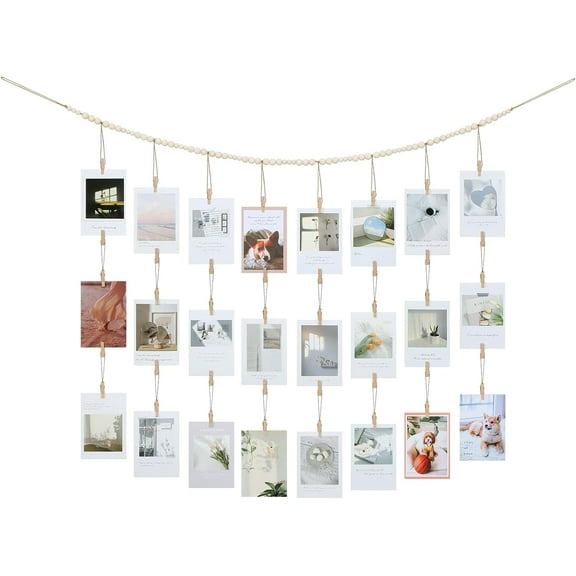 Genreen Photo Wall Display String with Clips - 52 Inch Jute Rope & Wood Bead Photo Hanging Kit with 28 Clips for Wall Collage Display