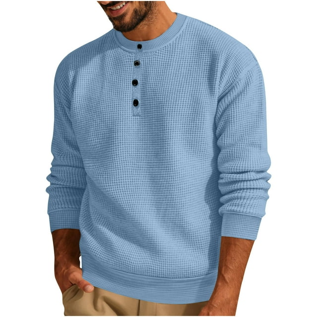 Yuyuzo Chandails en Molleton pour Hommes Manches Longues Quart Bouton Décontracté Col Rond Couleur Unie Pull Texturé