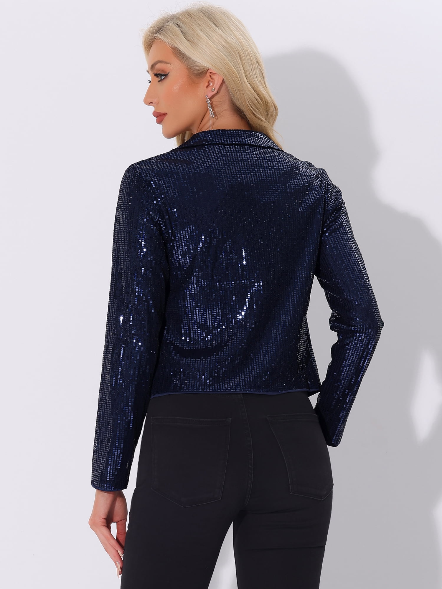 DARING DIVA Women's Open Front Party Sparkly Sequin Blazer Shrug S Dark Blue