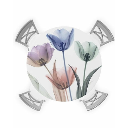 

Round Tablecloth with Elastic Blue Purple Tulip Flower Pattern Waterproof Stain-proof Table Cover Wipeable Fitted Table Cloths for 55 -60 Round Tables Dining Kitchen