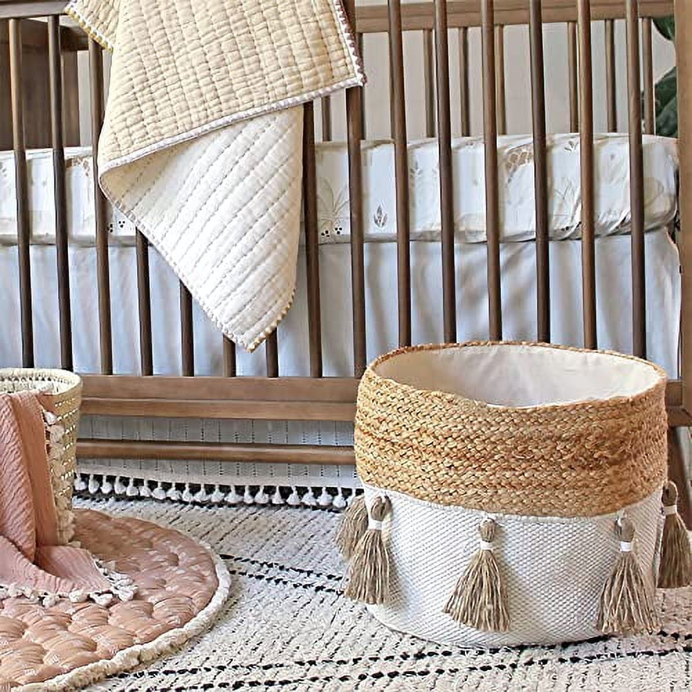 Crane Baby Fabric Round Nursery Storage Basket, Toy Storage, Boho Nursery Decor, 13"x12", Toy Basket, Baby Storage Organizer, Toy Organizers and Storage Bins, Baby Organizers and Storage, Toy Bins