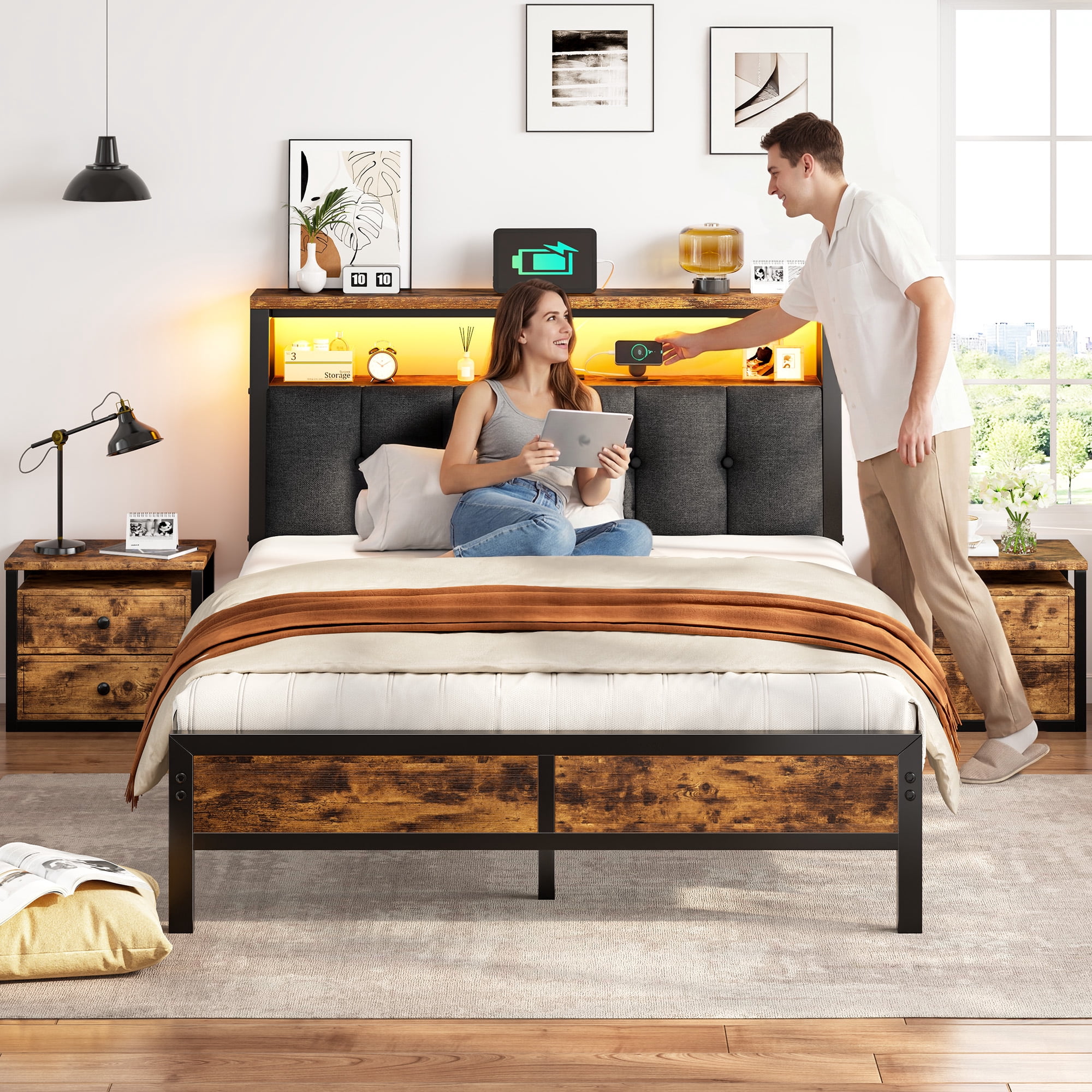 EnHomee Metal Platform Bed Frame Full Size with Headboard Upholstered Bed with 2-Tier Storage Shelf & Charge Station & LED Light,Rustic Brown