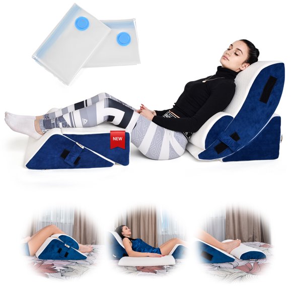 Orthopedic Bed Wedge Pillow Set, 5 Pieces Navy Wedge Pillow Set, Includes 2 Vacuum Bags, Adjustable & Comfortable