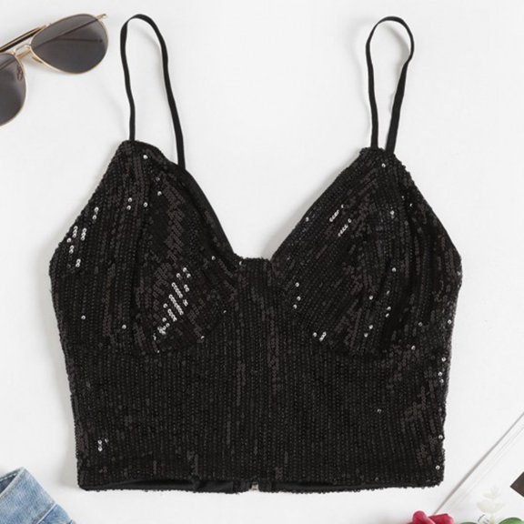 ZHOGXU Women Tank Top Summer Sleeveless Spaghetti Strap Solid Color Sequins Fashion Breathable Crop Top For Club Party,Black,L