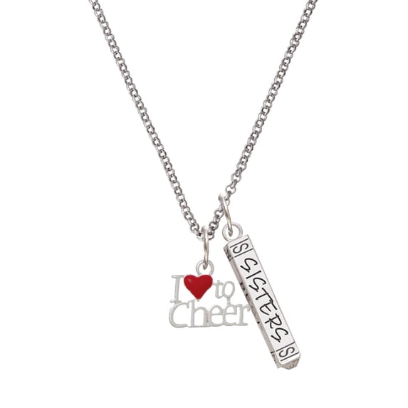 Delight Jewelry Silvertone I love to Cheer with Red Heart Silvertone Sisters Best Friends Forever Bar Charm Necklace, 23"