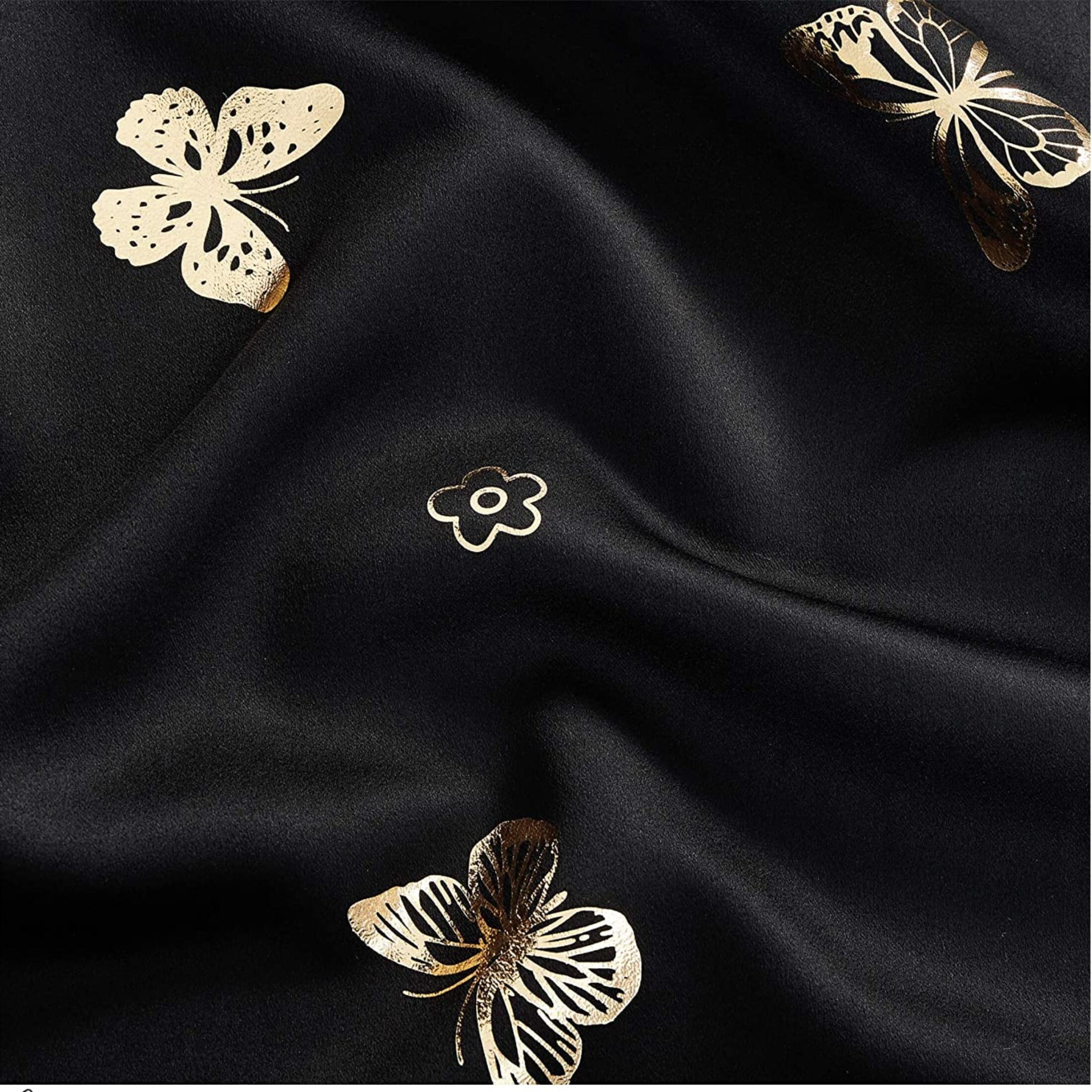 Flowpartex Butterfly Blackout Curtain Panels Set of 2 for Living Room Darkening Black and Gold Foil Print Grommet Top Window Drapes for Nursery Kids Bedroom, 63"L×52"W