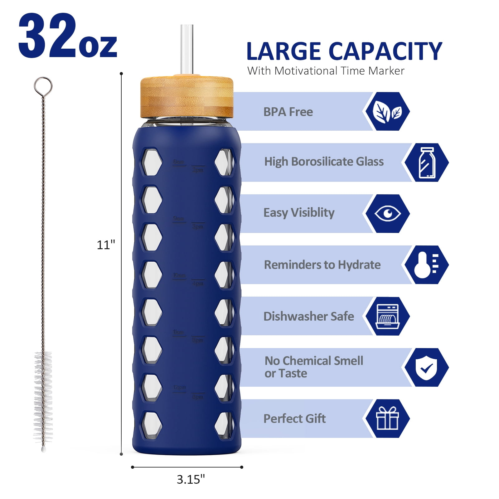 MUKOKO 32oz Glass Water Bottles, Motivational Water Tumbler with 2 Lids-Handle Spout Lid&Bamboo Straw Lid, Time Marker Reminder and Silicone Sleeve, Blue