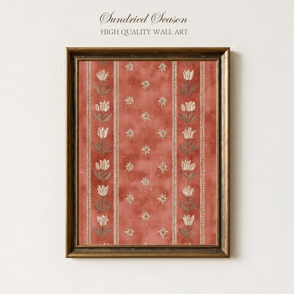 Vintage Red Floral Stripe Wall Art Print, Cottagecore Botanical Poster, Shabby Chic Flower Decor For Bedroom, Kitchen Or Entryway UNFRAMED Poster, Wall Art for Decor, Present, 8x12