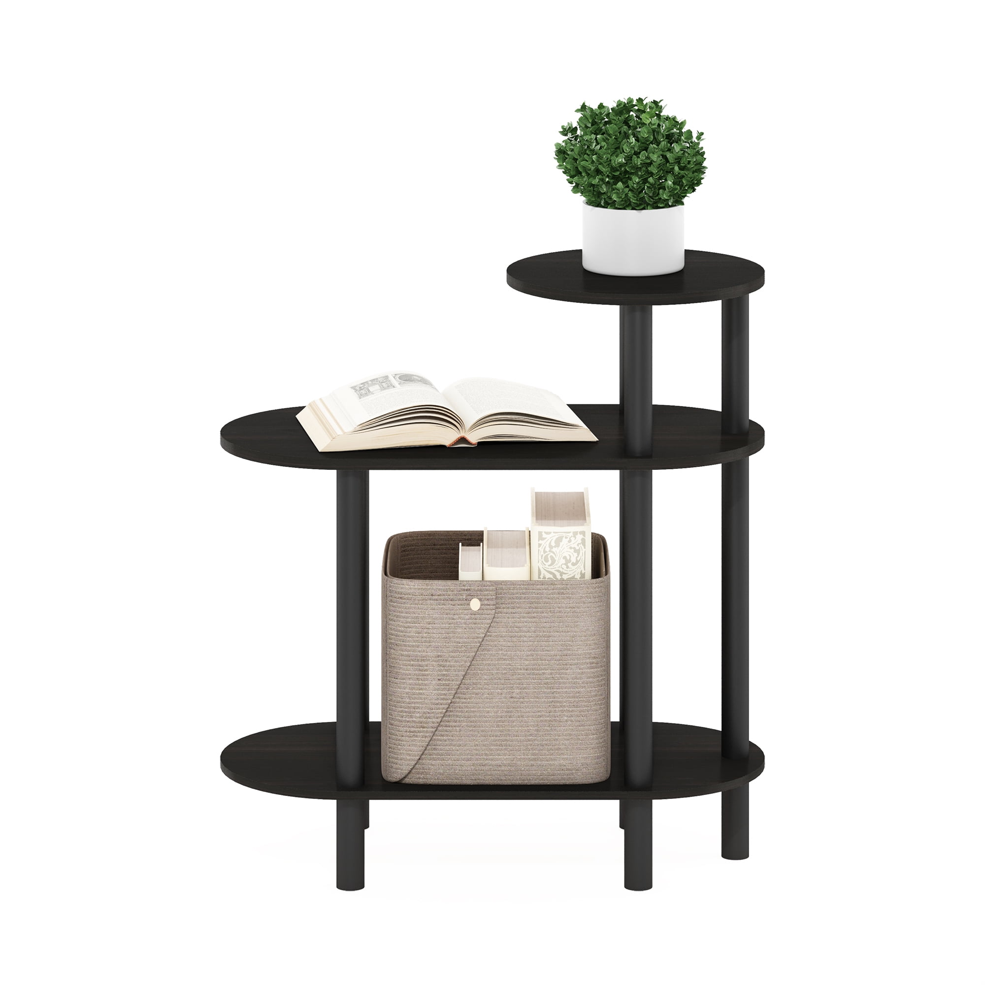 Furinno Turn-N-Tube 3-Tier Oval Sofa Side Table, End Table with Open Shelves, Espresso/Black