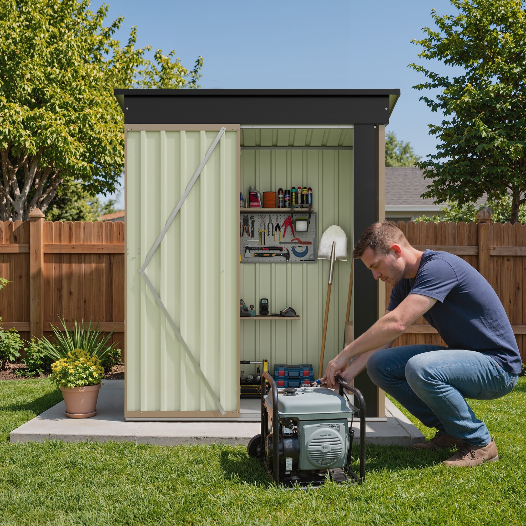 Patiowell 5' x 3' Outdoor Storage Shed, Metal Garden Tool Shed with Sloping Roof and Lockable Door, Brown